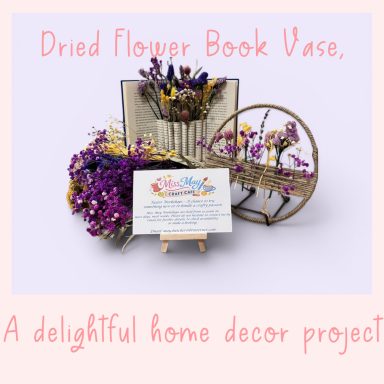 Dried Flower Book Vase A dried flower book vase with purple flowers, showcased as a home decor project.